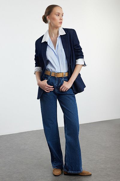 Trendyol Collection Jeansy z wysokim stanem i szerokimi nogawkami w kolorze ciemnoniebieskim - TWOAW25je00155