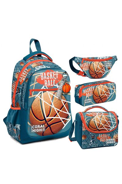 Coral High Set de suport pentru creion și geantă pentru prânz școlar Nefti portocaliu cu model de baschet pentru băiat
