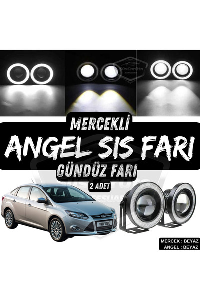 ŞüsCarOto Aksesuar Ford Focus 3 2011-2014 Uyumlu Mercekli Angel Sis Farı Metal 76 mm Beyaz Halkalı Gündüz Farı 2 Adet