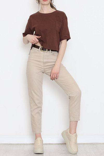 Moka Shopin MokaShopin Brown Colored Crew Neck Pocket T-shirt - 16563.1567