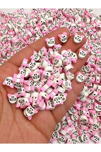 Ebruli Boncuk Mărgele Fimo de 10 mm cu figurină de pisică albă - 100 buc