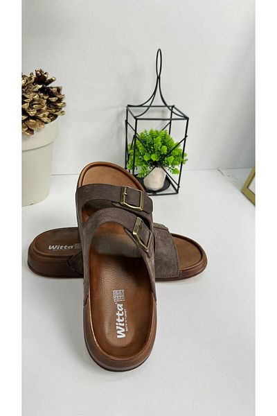 İmerShoes Casual καφέ ανδρικές παντόφλες με διπλή ρυθμιζόμενη πόρπη Άνετη σόλα οβάλ πέδιλα 54201