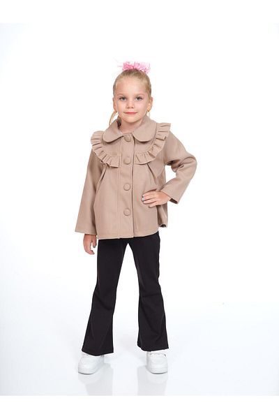 Kamex Beige Suede Coat - Buttoned and Ruffle Detailed