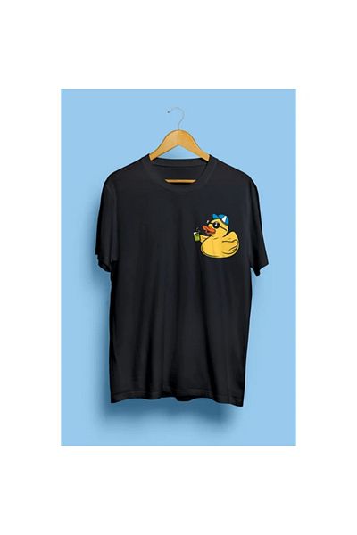 Pink Sky Yellow Duck Vacation Pocket Themed Unisex T-shirt - Cute Design Printed That Wears Glasses and Drinks
