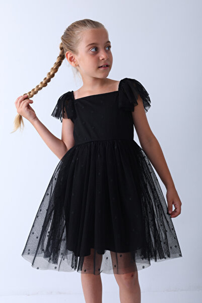 piamini Kız Çocuk Kare Yaka Kısa Kollu Özel Gün Kendinden Desenli Tül Elbise