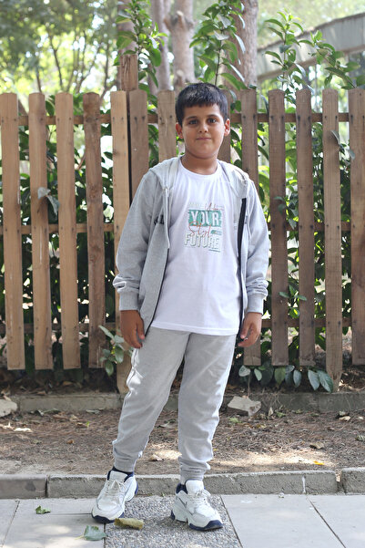 han elegant Hooded Zippered Text Printed Tracksuit Set