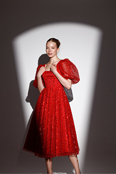 Tangül&Ali'S Moda Evi Balon Kollu Boncuk İşlemeli Kırmızı Midi Elbise