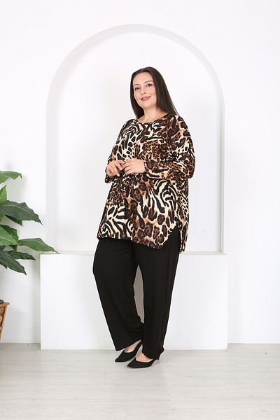 XL Modam Set de tunică și pantaloni cu imprimeu de tigru de mărime mare - Cu fante