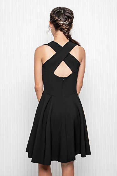 SUBU TASARIM Βραδινό φόρεμα για κορίτσια σε μαύρο κρεπ με λαιμόκοψη - MDV352