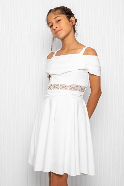 SUBU TASARIM Βραδινό φόρεμα για κορίτσια εκρού - Λεπτομέρεια μέσης MDV348