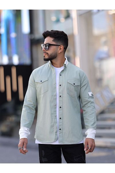 Esra Butik Hane Ανδρικό τζιν πουκάμισο Stone Color - Διπλή τσέπη, μονό μανίκι, χτενισμένο βαμβακερό γιακά και μπουφάν με μανίκια