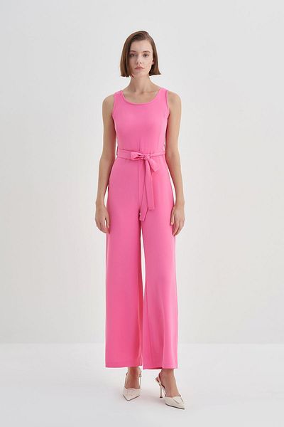 Yake Pink Jumpsuit with Belted Waist and Zero Sleeves and Wide Legs