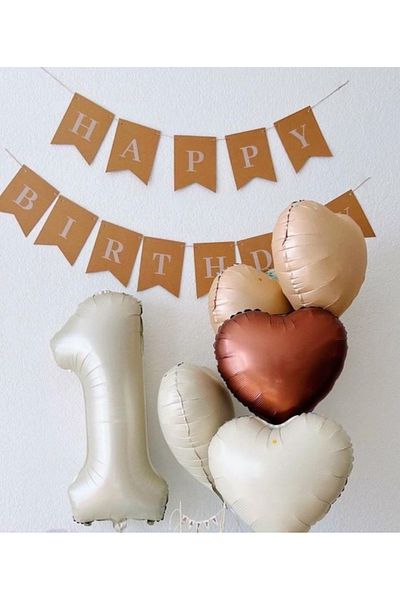 Çemrek Süs Parti Beige Cream Foil 1 Year Old Balloon Set 5 Foil Heart Balloons and Kraft Happy Birthday Streamer