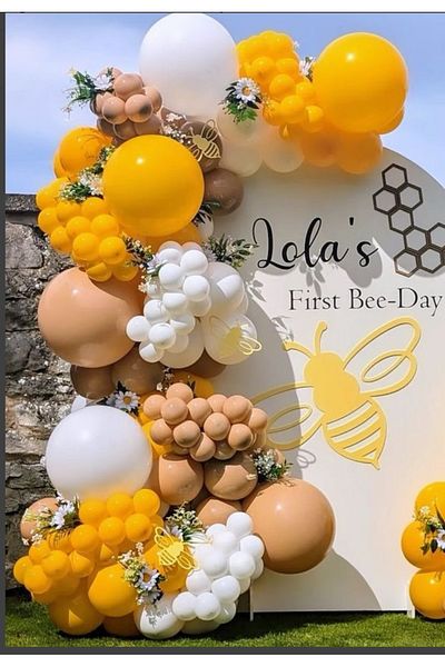 Çemrek Süs Parti Desert Sand Mustard Retro White Balloon Chain Set Bee Concept