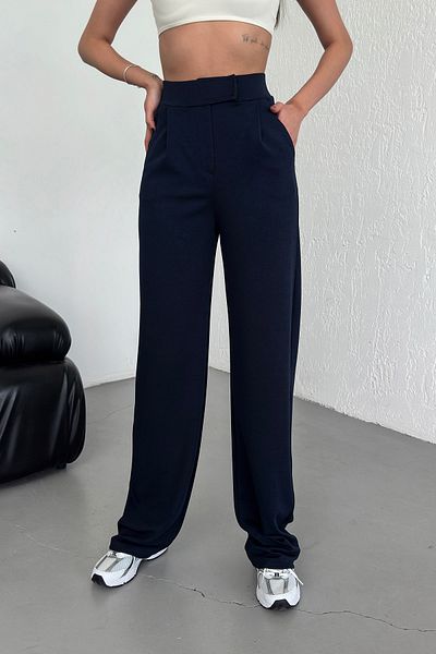 Warasiva Women's Navy Blue High Waist Lycra Stretchy Velcro Closure Pleated Casual Fit Palazzo Pants