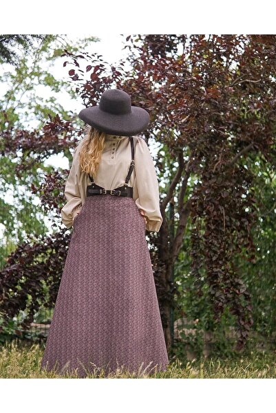 Launes Cepli Şal Deseni Gri Vintage Modest Kloş Etek
