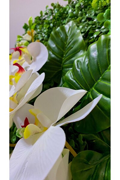 DDPEST Yapay Islak Doku Beyaz Orkideli 40x60 Yeşil Sık Doku Panel Şimşir k