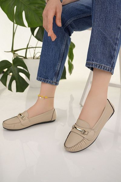 Modafırsat Women's Ballerina Beige Chain Buckle Light Comfortable Sole Stylish Daily Shoes