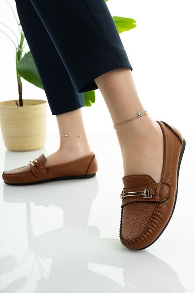 Modafırsat Damen-Flats, hellbraune Kettenschnalle, leichte, bequeme Sohle, stilvolle Freizeitschuhe