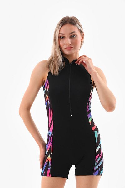 segiza Rosa-blauer Damen-Badeanzug – Meer-/Pool-Overall mit Shorts, Reißverschluss und Polstern