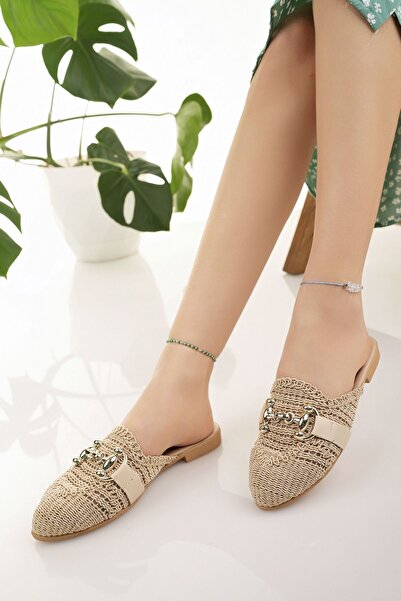 Modafırsat Kadın Hasır Terlik Bej Önü Kapalı Örgü Triko Örme Taş Toka Detaylı Yazlık Ev Plaj Tatil Terliği