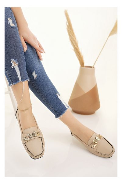 Modafırsat Women's Ballerinas Beige Buckle Lightweight Comfortable Stylish Business Office Daily Shoes