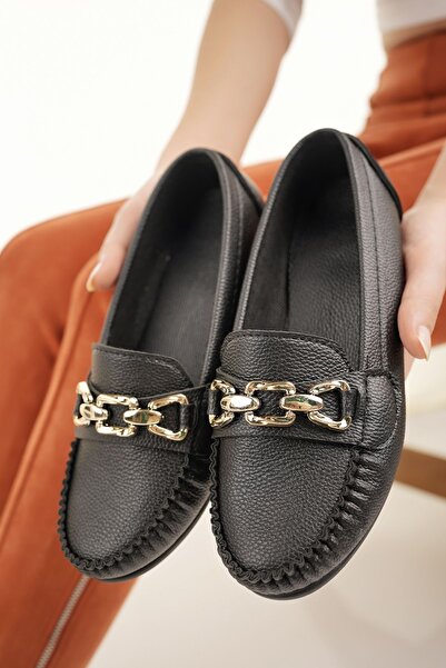 Modafırsat Women's Flats Black Buckle Lightweight Comfortable Stylish Business Office Daily Shoes