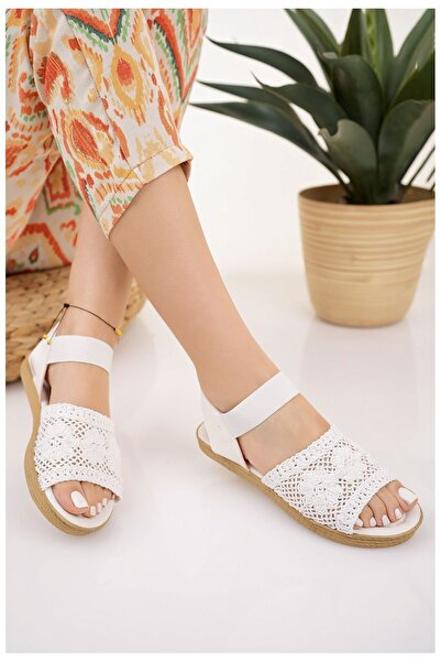 Modafırsat Női szalma szandál fehér hálós csipke kötöttáru hímzés hímzett új szezon nyári tengerparti szandál