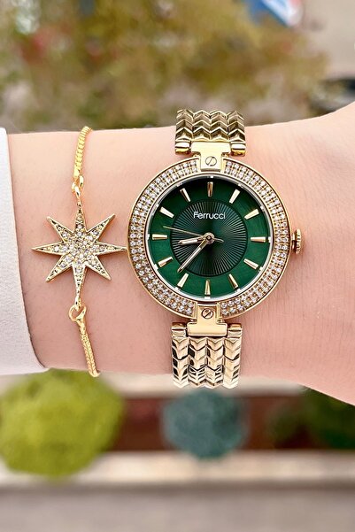 Ferrucci Kadranı Yeşil Kordonu Sarı Renk 24 Ay Garantili Kadın Kol Saati ve B...