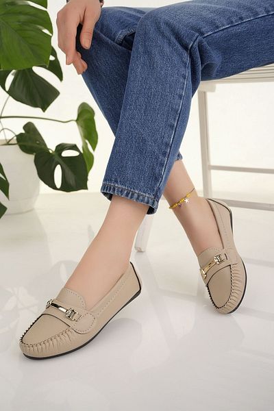 Modafırsat Women's Ballerina Beige Chain Buckle Light Comfortable Sole Stylish Daily Shoes