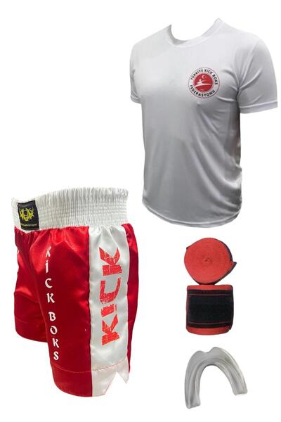 Remege Spor Malzemeleri Kick Boks Şortu - Kick Boks Tişörtü - 3,5 Mt Bandaj - Silikon Dişlik Kickboks 4'lü Set