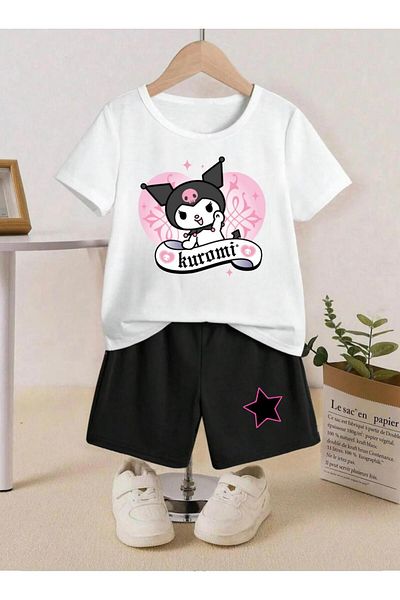 Massgai Set de tricou și pantaloni scurți din bumbac pentru copii cu model de caractere Kuromi