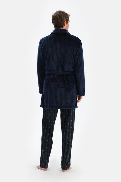 Dagi Marineblauer Fleece-Morgenmantel – Streifendesign