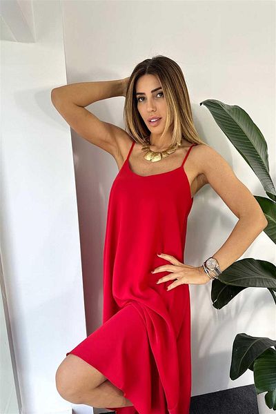 ORZUQLIFE Aerobin Fabric Adjustable Strap Long Red Dress