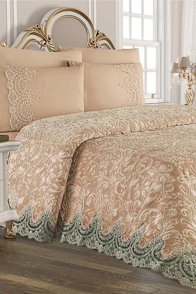 Kelebek French Laced Blanket Bed Cover Set Milk Coffee (WITHOUT BOX) Blanket Set