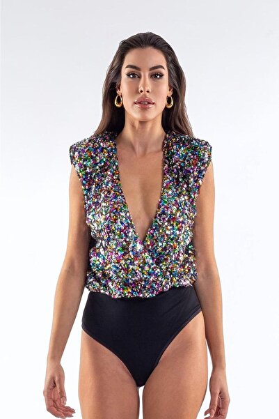 LorraJo Vatkalı Göğüste Ayaralanabilir Çıtçıt Renkli Payetli Bodysuıt