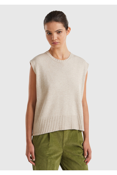 United Colors of Benetton Beige Crew Neck Sleeveless Sweater - Wool and Visco...