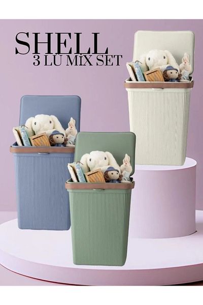 Bayev Καλάθι παιχνιδιών και ρούχων 10 Lt Mix Colored Shell με λαβές - Δοχείο αποθήκευσης Hobby με καπάκι, 3 τεμάχια