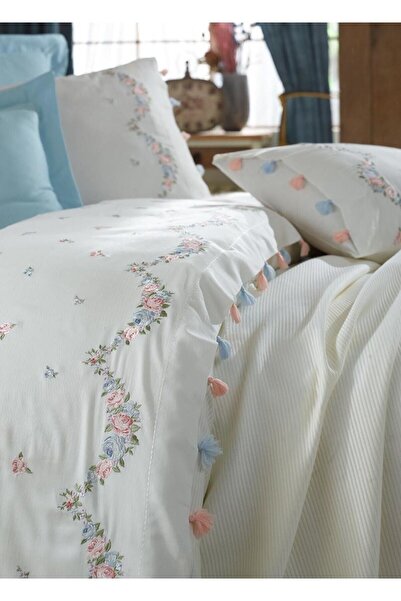 Dantela Lara Embroidery and Tasseled Pique Set - Cream/Blue