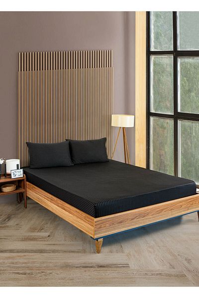 VAVEY Black Striped Cotton Satin Sheet Set - Double, Elastic Pillow, 160x200cm