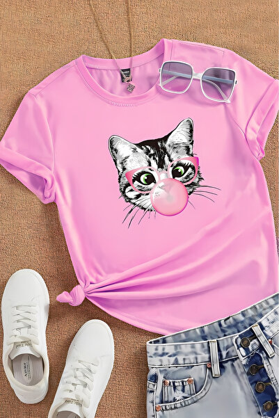 Kadın Oversize Geniş Kalıp Kedi Baskılı Bisiklet Yaka Pembe T-Shirt