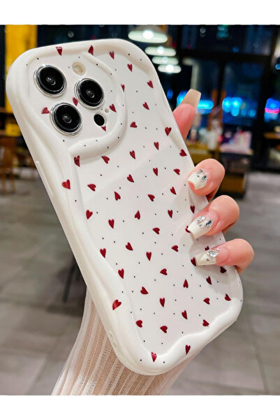 KVK PRİVACY iPhone 13 Pro Max Compatible Case Red Love Heart Shock Resistant Soft Silicone Cover Cream