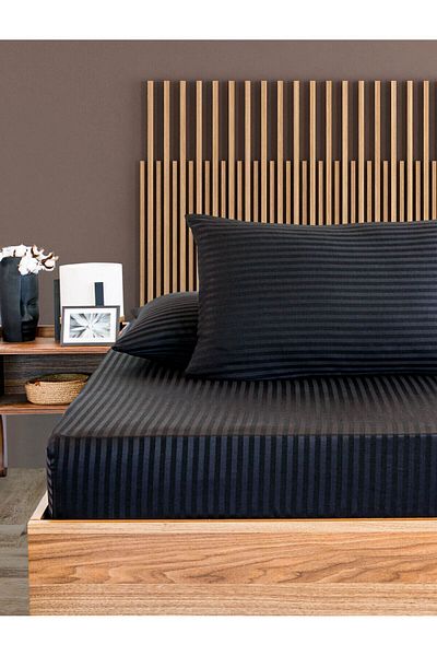 VAVEY Black Striped Cotton Satin Sheet Set - Double, Elastic Pillow, 160x200cm