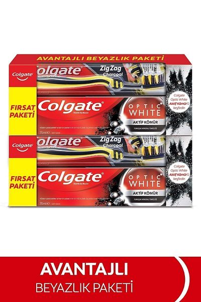 Colgate Optic White Whitening Toothpaste 75 ml X2 Pieces + Zigzag Charcoal Medium Toothbrush X2 Pieces
