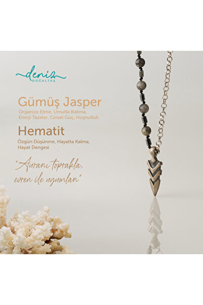 Deniz Doğal Taş Bıçak Jasper ve Hematit Gümüş Tasarım Kolye