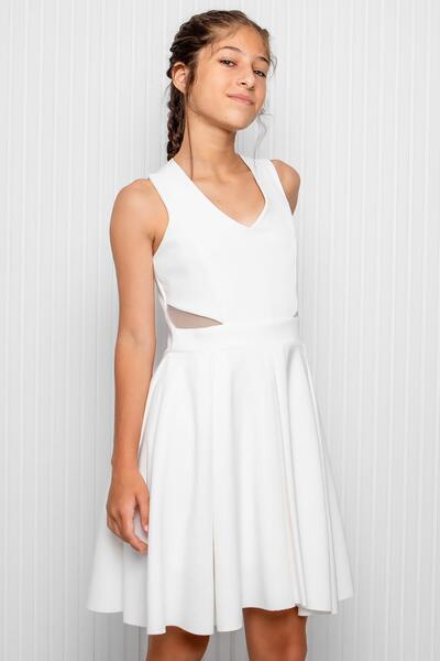 SUBU TASARIM Βραδινό φόρεμα κρεπ εκρού - Κοριτσίστικο με λαιμόκοψη MDV352