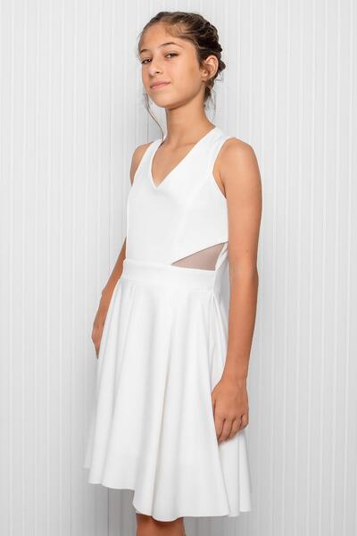 SUBU TASARIM Βραδινό φόρεμα κρεπ εκρού - Κοριτσίστικο με λαιμόκοψη MDV352