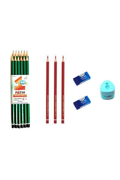 Fatih 12 Pieces of Pencils + 3 Red Pencils + 2 Erasers + Pencil Sharpener