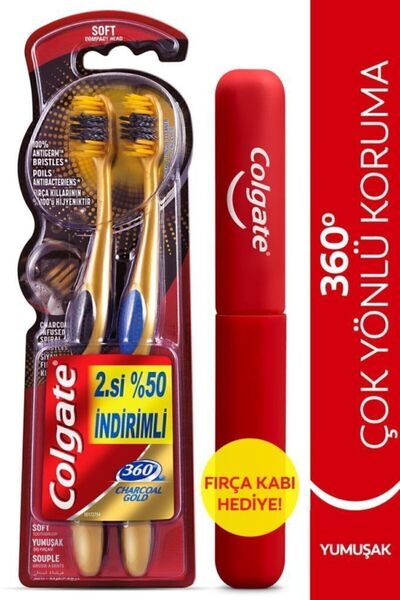 Colgate 360 Charcoal Gold Çok Yönlü Koruma Yumuşak Diş Fırçası 1+1 Fırça Kabı Hediye