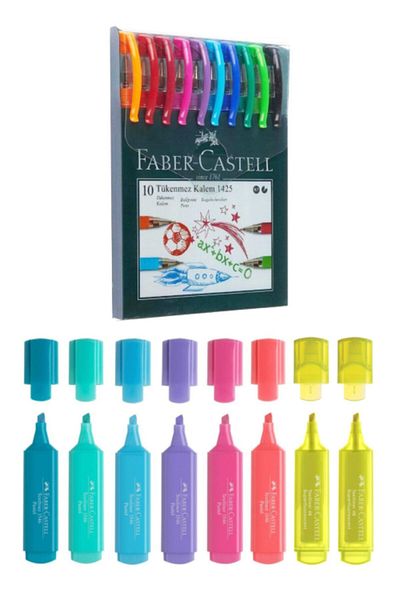 Faber Castell 1425 10 Colors Ballpoint Pen + Faber Textliner 1546 Highlighter 6+2